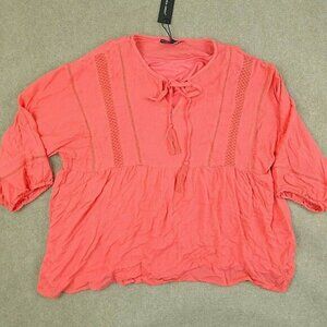 Amanda Green Women L Coral Peach Two Piece Drawstring Long Sleeve Peasant Blouse